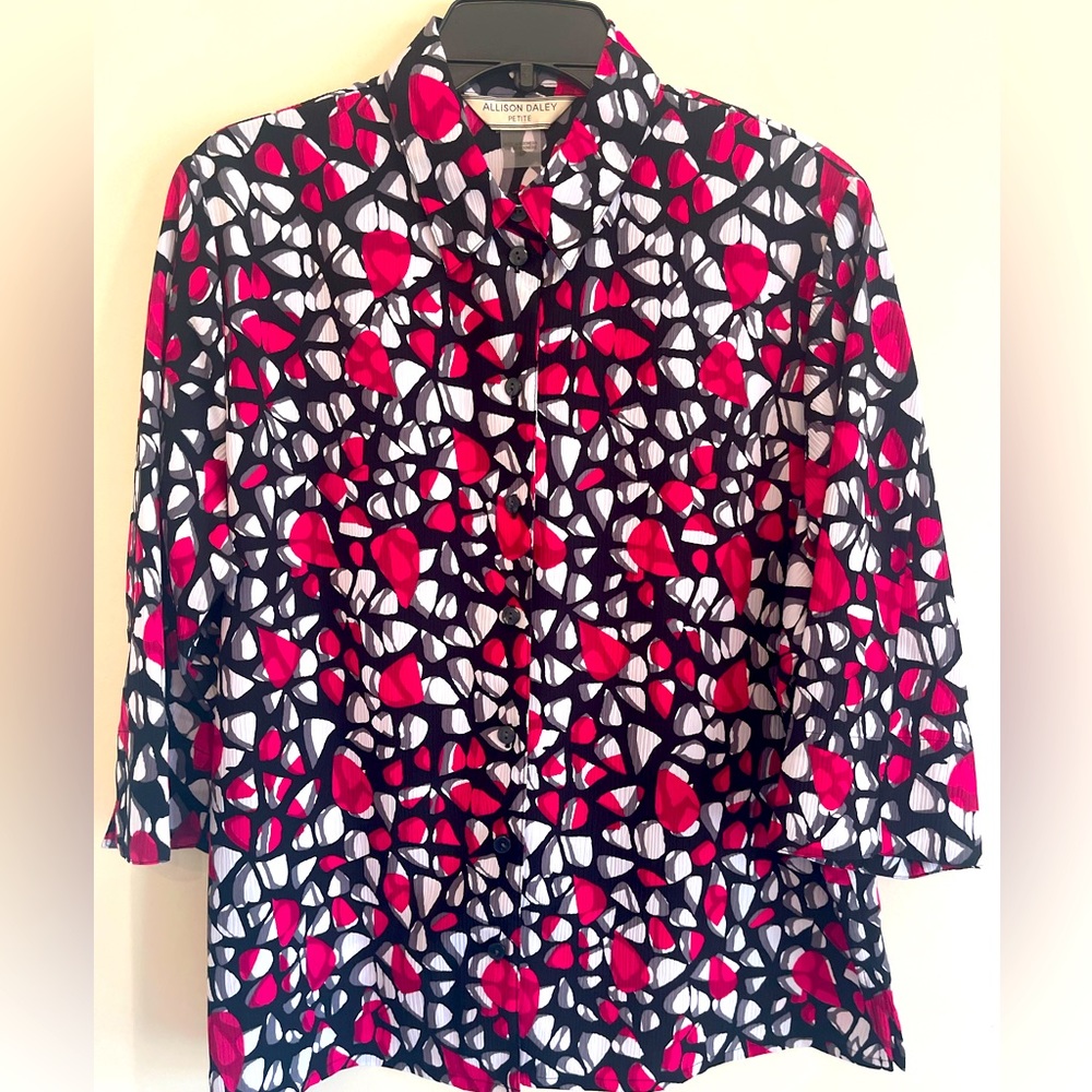Alison Daley Petite Abstract Dress Button up Blouse 3/4 Sleeve Size 16P